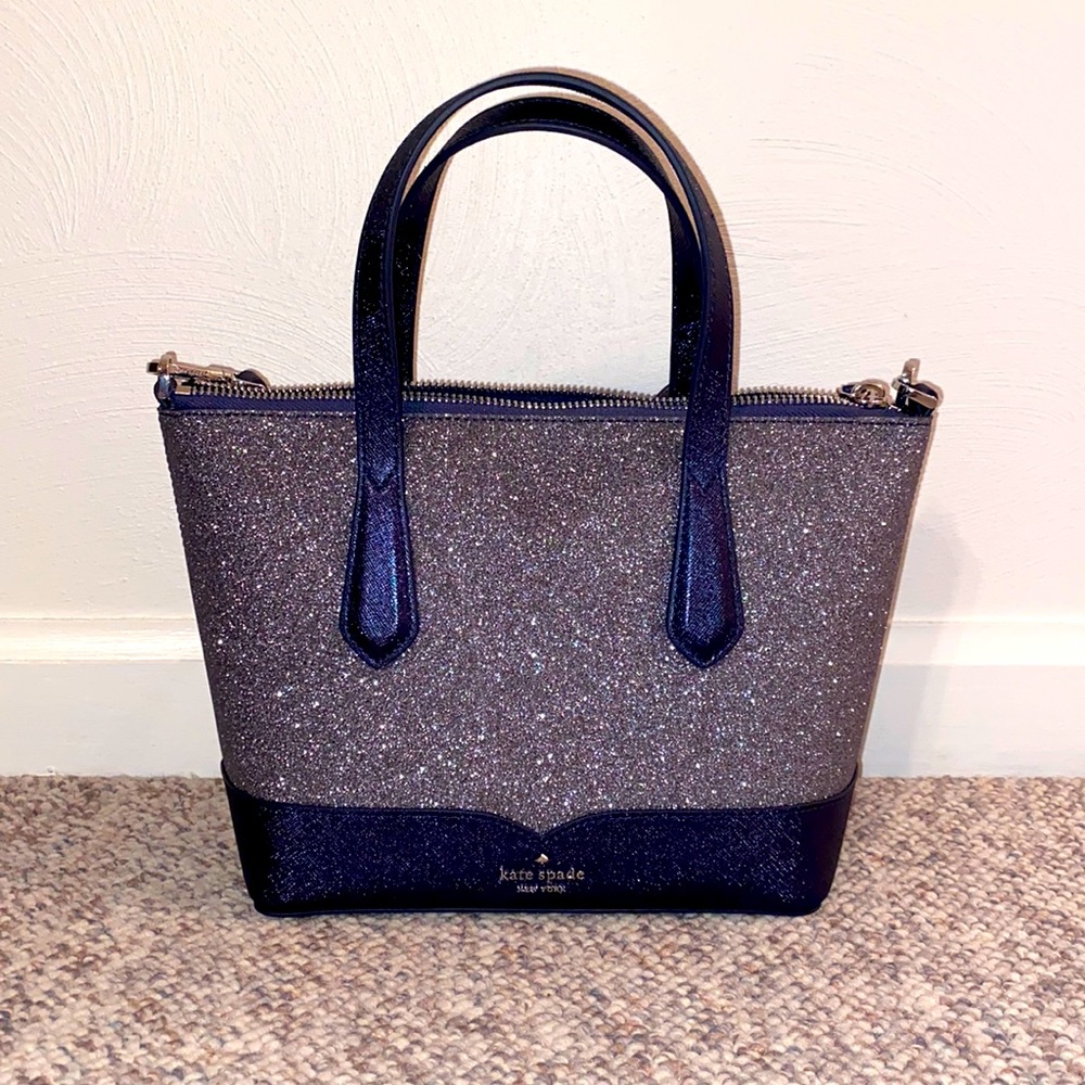 KATE SPADE Silver/navy glitter purse